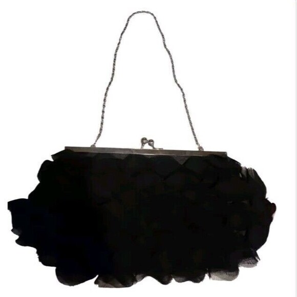 Vtg. Formal Purse Handbag In Satiny Black Tulle Silver Chain Strap Kiss Lock - Picture 2 of 11